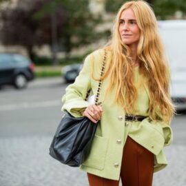 PARIS, FRANCE - OCTOBER 06: Blanca Miro Scrimieri seen wearing black bag, green jacket, brown pants outside Chanel during Paris Fashion Week - Womenswear Spring Summer 2021 : Day Nine on October 06, 2020 in Paris, France. (Photo by Christian Vierig/Getty Images)